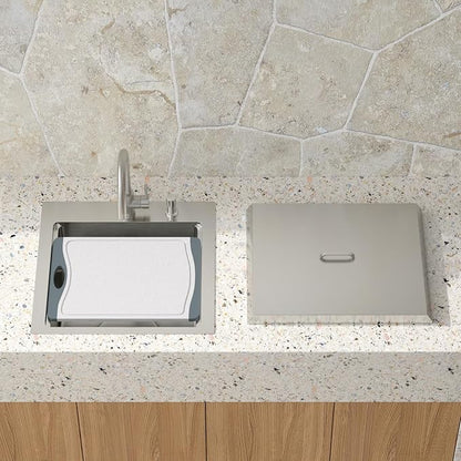 23 Inch Outdoor Kitchen Sink with Faucet - Drop In Workstation 16 Gauge T-304 Stainless Steel Single Bowl Topmount Outdoor Sink with Stainless Steel Dust-Proof Cover #TLT-0064