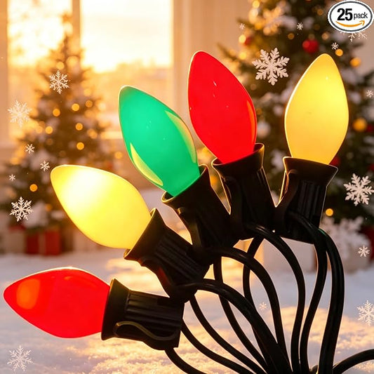 C7 Multicolor Vintage Christmas Lights, 26Ft Red White and Green Christmas Outdoor String Lights with 27 LED Bulbs, Hanging Old Fashioned Lights for Xmas Tree Patio Roofline Party Wedding Decoration