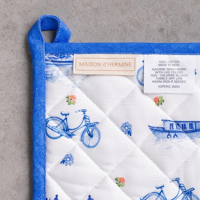 Maison d' Hermine 100% Cotton Oven Mitt & Pot Holder Set (7.5"x13" & 8"x8") Heat Resistant BBQ Cooking Gloves with Loop Baking Grilling Kitchen Hotel Home Farmhouse Spring Summer (Amsterdam Canals)