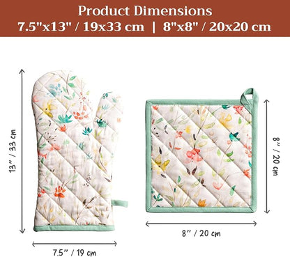 Maison d' Hermine 100% Cotton Oven Mitt & Pot Holder Set (7.5"x13" & 8"x8") | Heat Resistant BBQ Cooking Gloves with Loop Baking Grilling Kitchen Hotel Home Farmhouse Spring Summer - Colmar