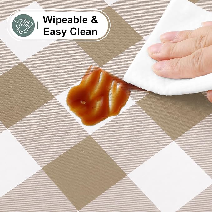 Buffalo Rectangle Picnic Tablecloth, 8 Foot Elastic Fitted Vinyl Table Cloth with Flannel Backing, Waterproof Plaid Table Covers for Dining, Camping, Outdoor (Khaki and White, 30" x 96")