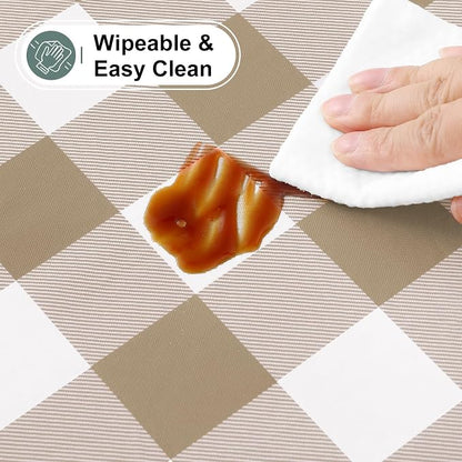 Buffalo Rectangle Picnic Tablecloth, 8 Foot Elastic Fitted Vinyl Table Cloth with Flannel Backing, Waterproof Plaid Table Covers for Dining, Camping, Outdoor (Khaki and White, 30" x 96")