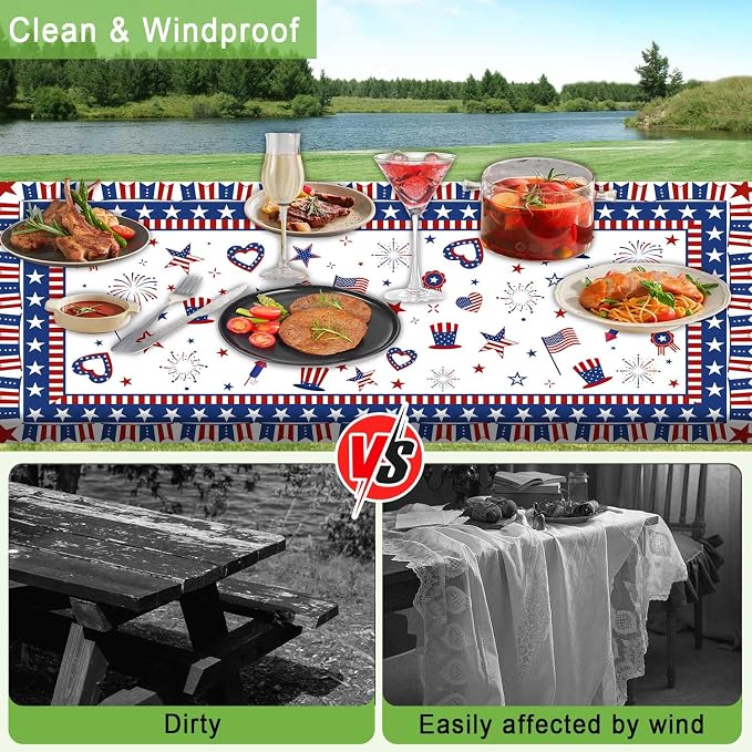 JAWO 4th of July Picnic Table Cover with Bench Covers Set of 3, Patriotic Red White Blue Star Heart American Flag Waterproof Foldable Fitted Picnic Tablecloth for Outdoor Patio BBQ Party, 30X60in