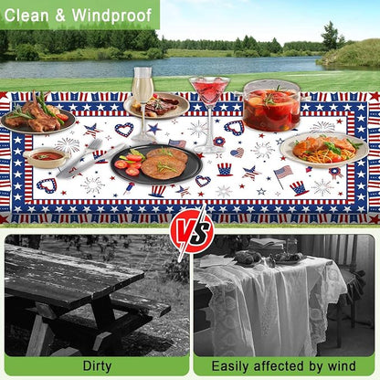 JAWO 4th of July Picnic Table Cover with Bench Covers Set of 3, Patriotic Red White Blue Star Heart American Flag Waterproof Foldable Fitted Picnic Tablecloth for Outdoor Patio BBQ Party, 30X60in