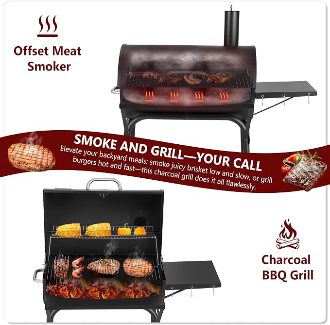 Barrel Charcoal Grill, 554 Sq. In. Large Outdoor BBQ Grill | 4-position adjustable charcoal pan, thermometer, warming rack, front shelf, folding side table, wheels and storage rack