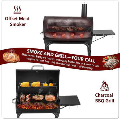 Barrel Charcoal Grill, 554 Sq. In. Large Outdoor BBQ Grill | 4-position adjustable charcoal pan, thermometer, warming rack, front shelf, folding side table, wheels and storage rack