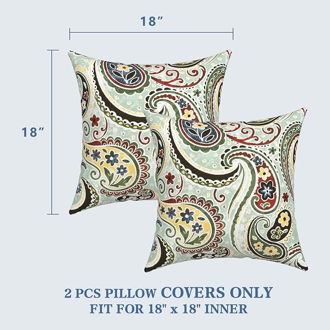 LVTXIII 2 Pack Outdoor Pillow Covers ONLY 18x18 Inch, Water-Repellent Square Decorative Cushion Covers for Patio Furniture, Garden, Sofa, Paisley Light Cyan