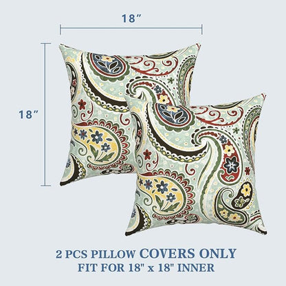LVTXIII 2 Pack Outdoor Pillow Covers ONLY 18x18 Inch, Water-Repellent Square Decorative Cushion Covers for Patio Furniture, Garden, Sofa, Paisley Light Cyan