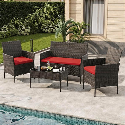 4-Piece Outdoor Furniture Set, PE Rattan Wicker Chairs with Soft Cushions & Tempered Glass Coffee Table - All-Weather Patio Set for Garden, Backyard, Porch, Poolside (Brown/Red)