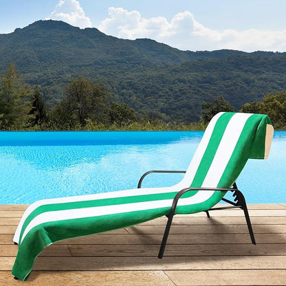 Superior Cabana Cotton Lounge Chair Cover, Outdoor Towel/Chaise Furniture Covers, Terry Cloth, Beach, Spa, Swim Accessories, Pool Chair Cover, Soft, Quick Drying, 32" x 102", Set of 6, Dark Green