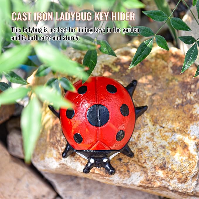 Sungmor Cast Iron Ladybug Key Hider, Garden Statue–Antique Red | Heavy Duty Small Animal Figurine for Porch Patio Shelf Indoor Outdoor Home Ornament