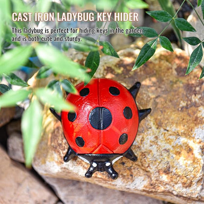 Sungmor Cast Iron Ladybug Key Hider, Garden Statue–Antique Red | Heavy Duty Small Animal Figurine for Porch Patio Shelf Indoor Outdoor Home Ornament