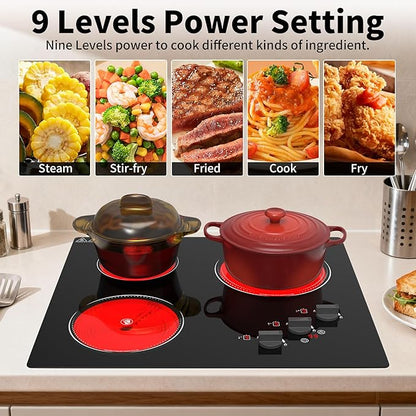 GIHETKUT Electric Cooktop, 220V 5000W Stove Top, 9 Power Levels, Kids Lock & Timer, Hot Surface Indicator, Overheat Protection,knob and touch control 3 Burner Electric cooktop