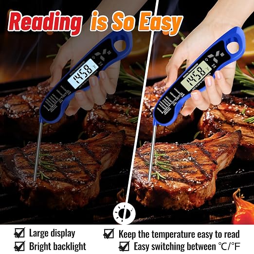 Meat Thermometer Digital, IP67 Waterproof Food Thermometer for Cooking | Backlight, Hold Function, Magnet, IP67 Waterproof, LED screen, for Kitchen, Grill, BBQ, Beef, Candy, Turkey