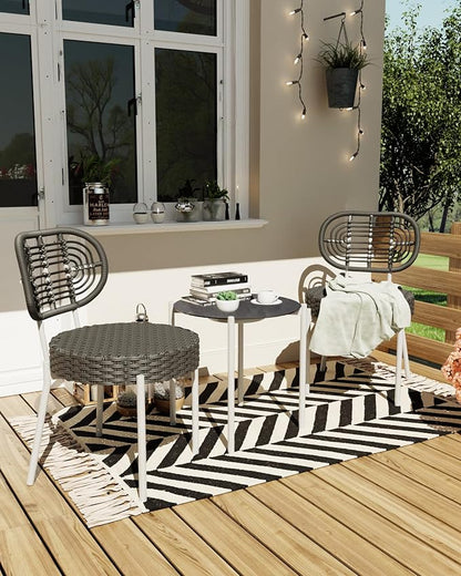 GarveeLife 3 Piece Wicker Patio Bistro Furniture Set, Outdoor Dining Chairs, Includes 2 Rattan Chairs and Tempered Glass Table, for Garden, Backyard, Balcony, Apartment, White & Grey