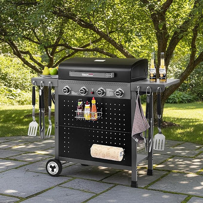 Royal Gourmet GL4001 4-Burner Gas Grill with Pegboard, 500 Sq. In. Cooking Area, 26,000 BTU, Foldable Side Shelves with Hooks, Ideal for Backyard and Patio, Black & Cool Gray