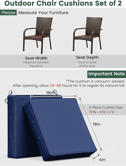 Outdoor Chair Cushion 19 x 19 x 4 Inches Patio Furniture Outdoor Waterproof Seat Cushion, Patio Chair Cushion with Handles and Ties, Square Dining Chair Cushion Set of 4, Blue