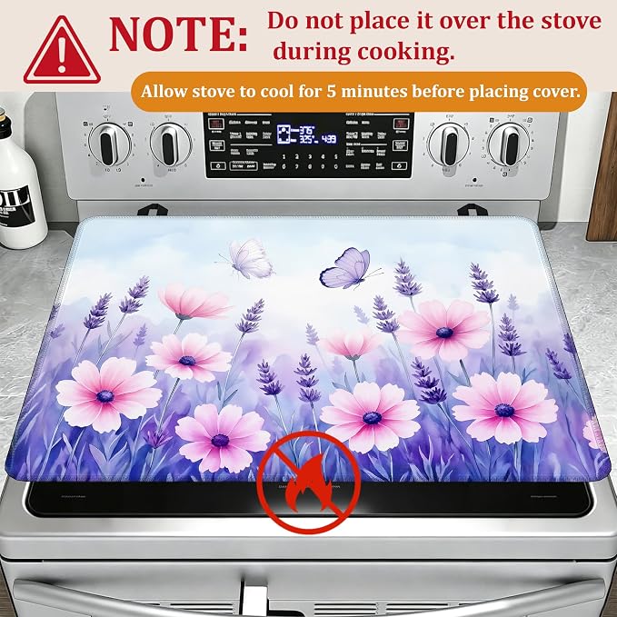 Purple Flowers Stove Top Covers for Electric Stove,Spring Floral Butterfly Glass Top Stove Cover, Heat Resistant Range Covers for Electric Stove,Washable Countertop Mat, 28 x 20 Inch