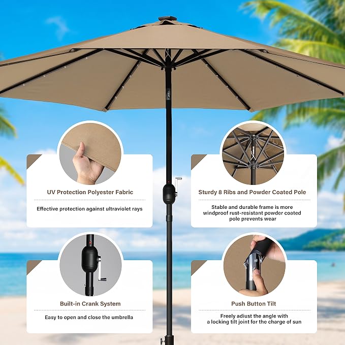 YSSOA 9' Solar Umbrella 32 LED Lighted Patio Umbrella Table Market Umbrellas with Push Button Tilt/Crank Outdoor for Garden, Deck, Backyard and Pool, Tan
