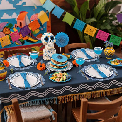 100 Pcs Blue Talavera Mexican Paper Placemats 13.5 Inch Cielito Lindo Party Decoration Disposable Scalloped Platos De Barro Mexicanos Paper Table Mat for Fiesta Wedding Baby Shower Party Decor
