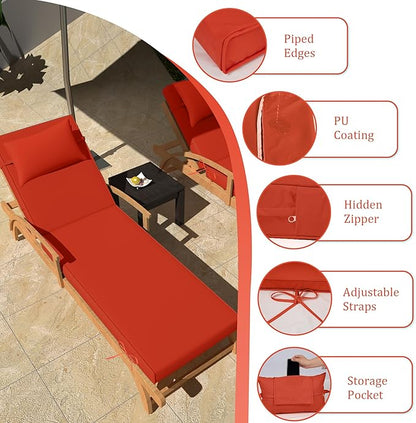 Chaise Lounge Cushions Outdoor Set of 2 Lounge Chair Cushion 80" L x 26" W with Headrest Straps 3'' Thick Waterproof Patio Chaise Cushions Pool Lounger Chair Cushion(Brick red)