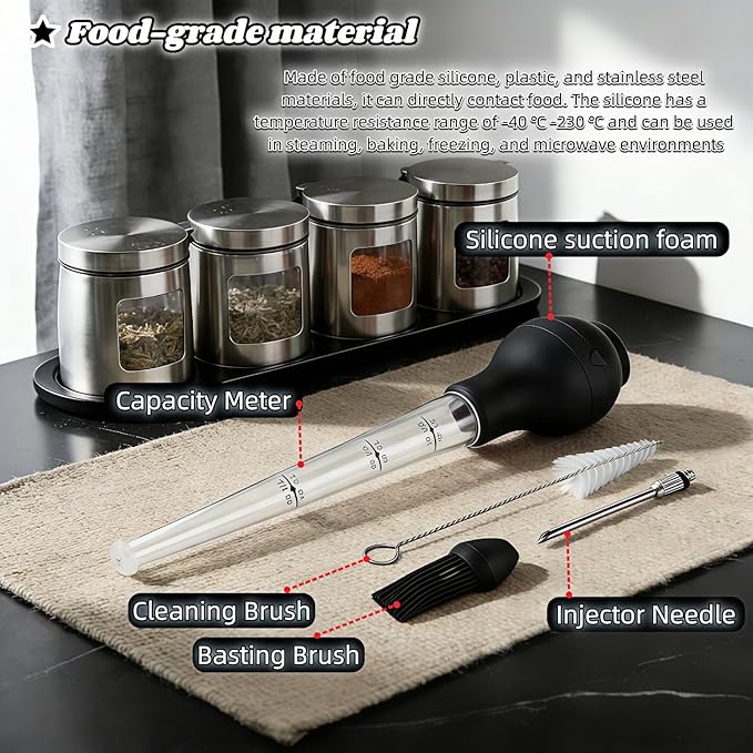 Turkey Baster with Cleaning Brush, Meat Injector Syringe with Detachable Silicone Bulb, 304 Stainless Steel Needle and Basting Brush for Roasting Chicken, 22ml Capacity (Black)