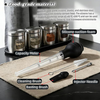 Turkey Baster with Cleaning Brush, Meat Injector Syringe with Detachable Silicone Bulb, 304 Stainless Steel Needle and Basting Brush for Roasting Chicken, 22ml Capacity (Black)