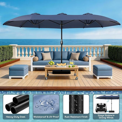 HOPERAN 15FT Patio Umbrella with Base Included, Large Outdoor Double-Sided Rectangle Table Umbrella with Easy Crank Lift, Market Umbrella for Backyard, Pool&Garden