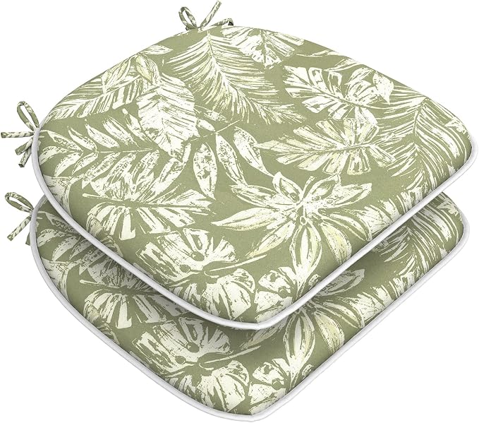 DYTXIII Set of 2 Outdoor Chair Cushions with Ties, Water Repellent Patio Chair Pads 17"x 16" for Outdoor Furniture, Round Corner Seat Cushions for Garden Yard Kitchen Tropical Leaf Green