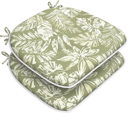DYTXIII Set of 2 Outdoor Chair Cushions with Ties, Water Repellent Patio Chair Pads 17"x 16" for Outdoor Furniture, Round Corner Seat Cushions for Garden Yard Kitchen Tropical Leaf Green