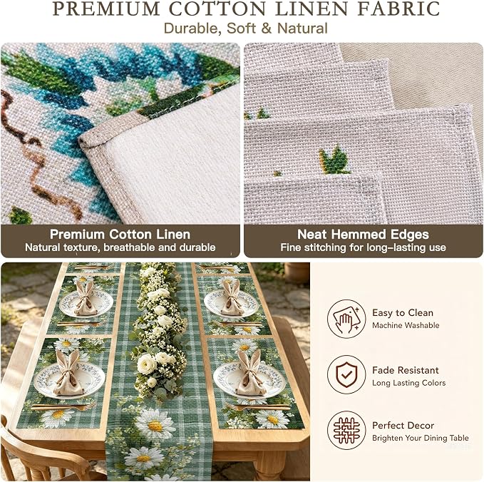 Nuxovilar Tablerunner and Placemats Set of 7 Green Plaid with Daisy Decor Linen Square Placemats for Dining Dining Sets and Accessories Outdoor Picnic, Patio Dinner, Daily Meals