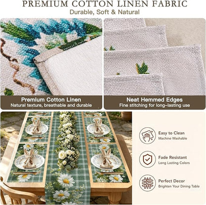 Nuxovilar Tablerunner and Placemats Set of 7 Green Plaid with Daisy Decor Linen Square Placemats for Dining Dining Sets and Accessories Outdoor Picnic, Patio Dinner, Daily Meals
