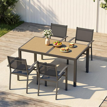 Aluminum Outdoor Table for All-Weather, 59" Patio Tables with Heavy Duty HDPS Rectangular Tabletop, Outside Table with Quick-Drying Slatted Design for Patio, Garden, Deck, Porch, Poolside, Backyard