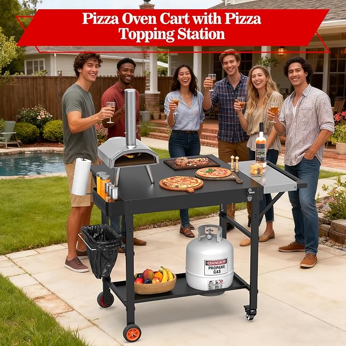 Grill Table for Pizza Ovens, Ninja Pizza Oven Table with Extendable Desk, Durable Outdoor Grill Cart Stand with Food Prep Topping Station for Patio, Backyard,43" L × 27" W