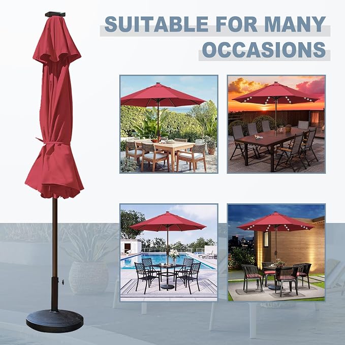 EliteShade USA 10-Year-Non-Fading 10ft Market Patio Umbrella, Commercial Grade Table Sun Umbrella with 80 Solar LED Lights, Crank Open, Windproof & UPF 50+ UV Protection for Garden, Deck, Pool, Backyard, No Tilt, Burgundy