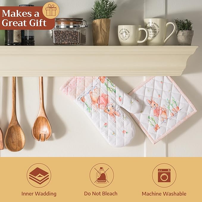 Maison d'Hermine Oven Gloves 100% Cotton Oven Mitt 7" x 13" with Loop Heat Resistant BBQ Cooking Gloves Baking Grilling Kitchen Hotel Home Farmhouse Spring Summer (Pack of 1, Bunny Party)