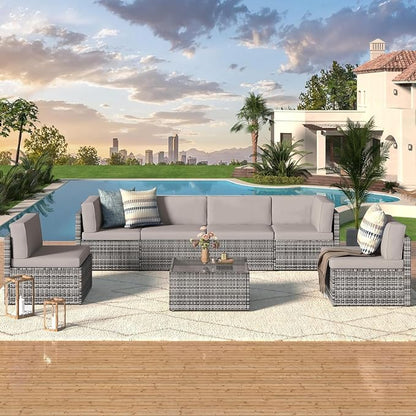 U-MAX 7 Piece Outdoor Patio Furniture Set, PE Rattan Outdoor Wicker Sectional Furniture Chair Set with Cushions and Tea Table, Grey Rattan and Grey Cushion