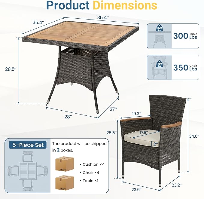 Wisteria Lane 10-Pieces Outdoor Patio Table and Chairs, Rattan Patio Table Set with Acacia Wood Tabletop, Patio Dining Furniture Set for 8 with Removable Cushions for Deck Garden Backyard, Grey