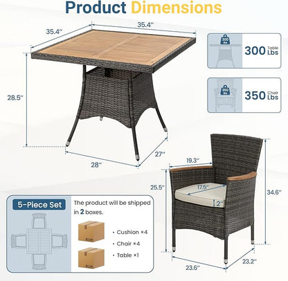 Wisteria Lane 10-Pieces Outdoor Patio Table and Chairs, Rattan Patio Table Set with Acacia Wood Tabletop, Patio Dining Furniture Set for 8 with Removable Cushions for Deck Garden Backyard, Grey