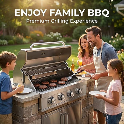 Premium 4 Burner Built In Gas & Charcoal Grill Island Head, Portable 304 Stainless Steel Outdoor Grill, 50,000 BTUs, 403 SQ In Racks, Dual Fuel Compatibility(27-IN)