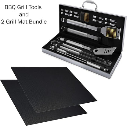 Home-Complete 18-Piece BBQ Grill Set, 16-pc Stainless Steel Barbecue Tools Kit with Aluminum Case and 2-Pack BBQ Grill Mats