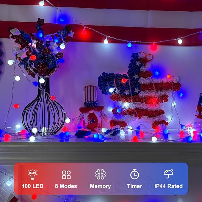 QITONG Red White and Blue Globe String Lights Outdoor, 33ft 100 LED 4th of July Globe Lights with Plug in, 8 Modes Clear String Lights for Indoor Patriotic Memorial Independence Day Decor
