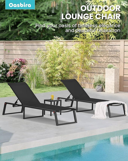 Aluminum Chaise Lounge Chair Outdoor, Foldable& No Assembly Patio Pool Lounge Chairs 5-Position Recliner for Outside, Fully Grounded Legs Sun Lounger for Poolside, Black, 2 Pack
