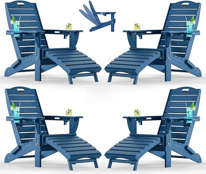 Ciokea Folding Adirondack Chair Set of 4 with Retractable Ottoman Fire Pit Patio Chair with Pull Out Foot Rest Weather Resistant Lawn Outdoor Chair with 2 Cup Holder (Navy Blue)