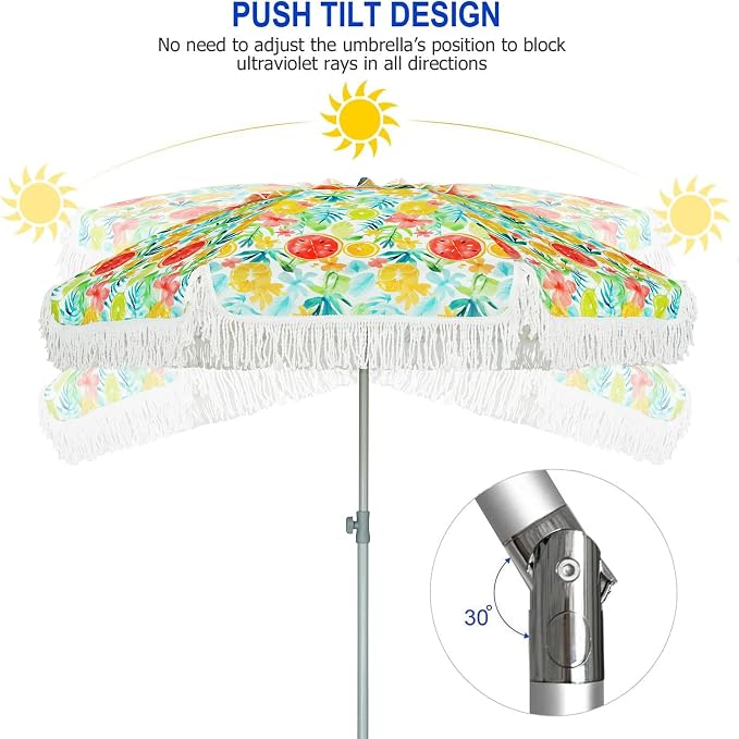 AMMSUN 6.5ft Heavy Duty Fringe Beach Umbrella with Sand Anchor and Tilt | UPF 50+ Windproof & Water-Resistant Canopy, Push-Button Tilt & Height Adjusting Knob for All-Day Shade, Removable Sand Anchor