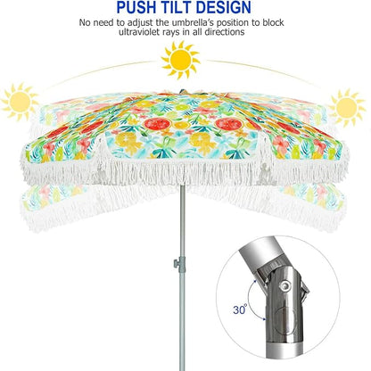 AMMSUN 6.5ft Heavy Duty Fringe Beach Umbrella with Sand Anchor and Tilt | UPF 50+ Windproof & Water-Resistant Canopy, Push-Button Tilt & Height Adjusting Knob for All-Day Shade, Removable Sand Anchor