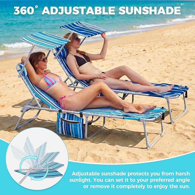 #WEJOY3in1 Tanning Chair with Face Hole & Canopy, 5-Pos Folding Face Down Lounge Chair for Outside Beach Pool, 300lbs Heavy Duty Portable Sun Lounger with Pillow Storage Bag(Bluestrips)