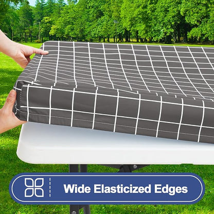 Smiry Picnic Table Cover with Bench Covers, Waterproof Elastic Fitted Tablecloth for 6 Foot Tables, Washable Polyester Tablecloths for Camping, Indoor & Outdoor (Grey & White, 30x72 Inch 3-pc Set)