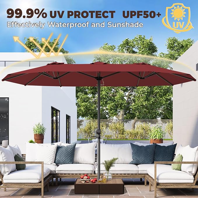 GDPFN 15FT Large Patio Umbrella, Outdoor Deck Standing Umbrella with Crank Handle, Double-Side Rectangular Pool Umbrella for Outside, Market, Patio, Burgundy (Base Not Include)
