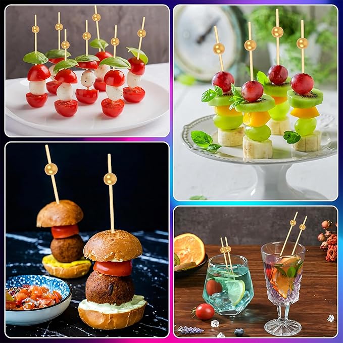 300PCS Cocktail Picks, Fancy Toothpicks for Appetizers, Decorative Bamboo Skewers for Appetizers Drinks Fruit, 4.7 Inch Long Wooden Gold Pearl Food Sticks Charcuterie Boards Accessories Party Supplies